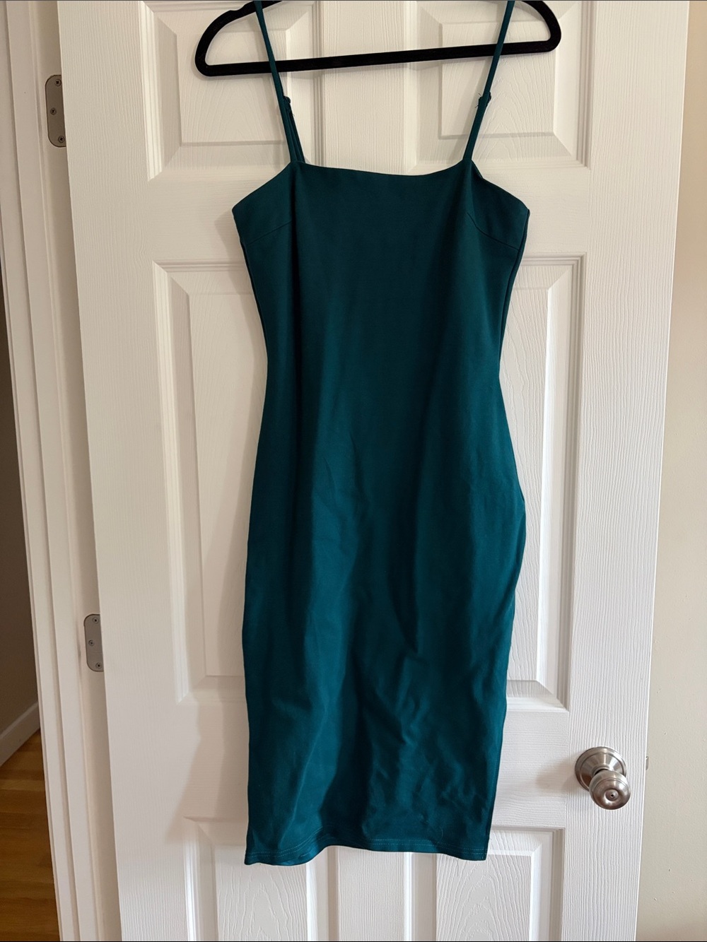 Lulu's Paulina Teal Midi Bodycon Dress with Adjustable Straps and Slit- Medium